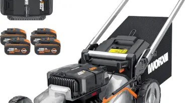 WORX WG761E 80V Cordless Brushless Lawnmower, Up to 1000 m² on a Load Diameter 51 cm, 70 L Bag, Mulching, 7 Cutting Positions, Comes with 4 Batt 20V 4Ah, Fast Charger – Artia13 est rémunéré par notre partenaire Amazon