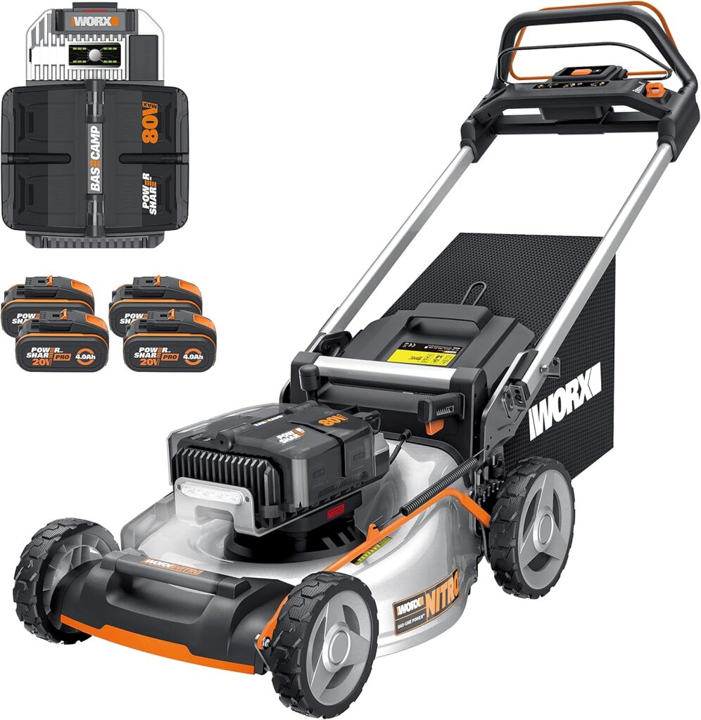 WORX WG761E 80V Cordless Brushless Lawnmower, Up to 1000 m² on a Load Diameter 51 cm, 70 L Bag, Mulching, 7 Cutting Positions, Comes with 4 Batt 20V 4Ah, Fast Charger – Artia13 est rémunéré par notre partenaire Amazon